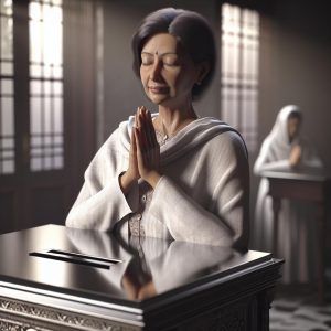 Voter praying beside ballot box