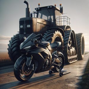 Motorcycle parked near tractor