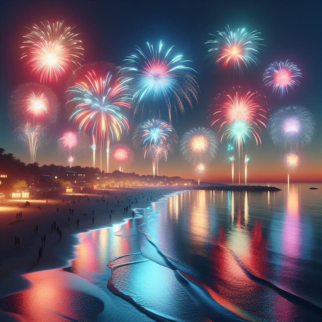 Beachfront fireworks display at dusk