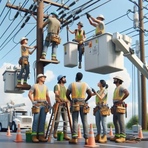 Utility pole repair teamwork.