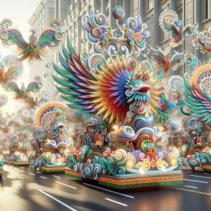 Colorful parade floats marching.