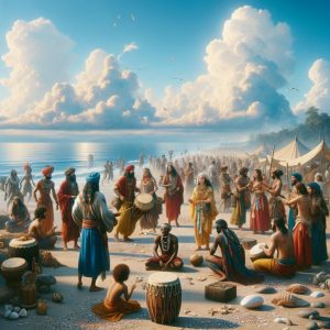 Tribal gathering on beach.