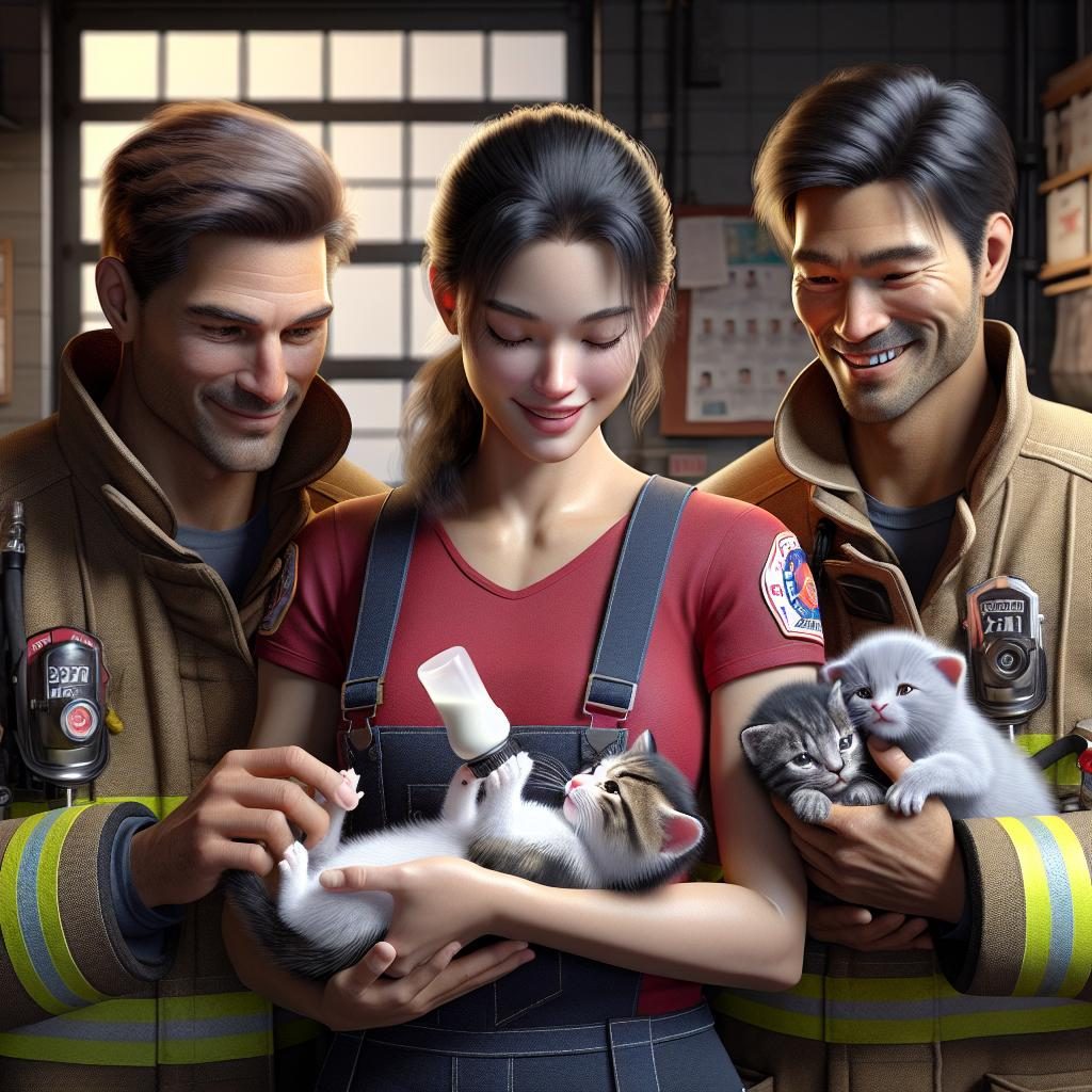 Firefighters with newborn kittens