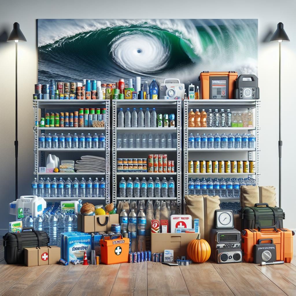 Hurricane preparedness supplies display.