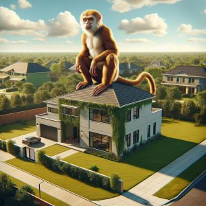 Primate on suburban rooftop