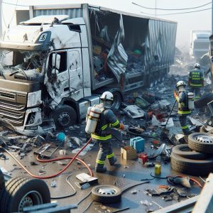 Truck crash aftermath cleanup.