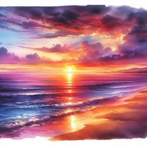 Beach sunset watercolors landscape.