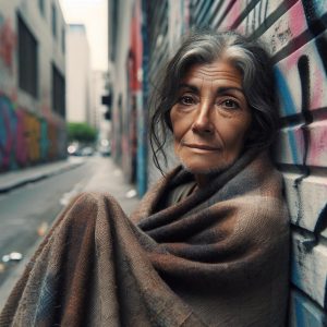 Homeless woman on streets.