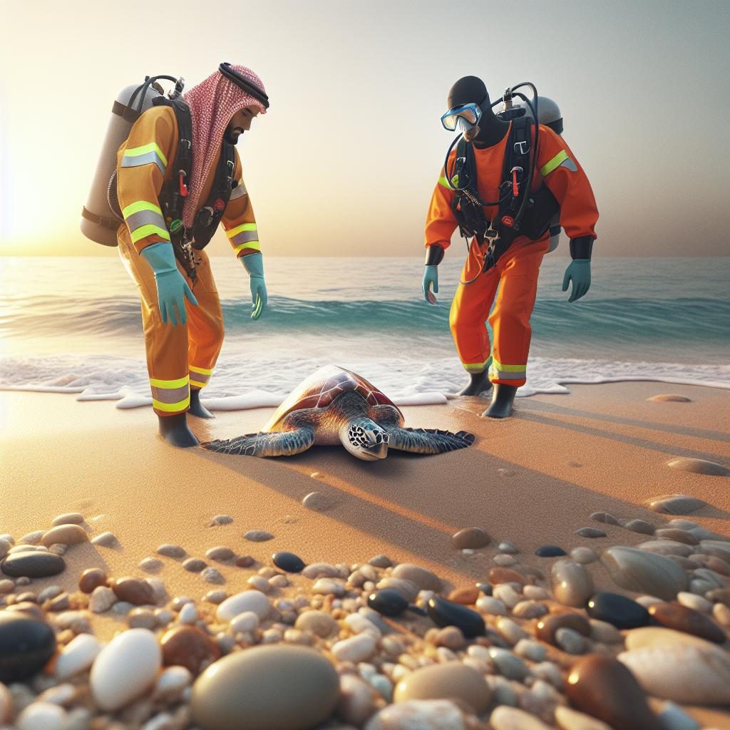 Rescue team with sea turtle.