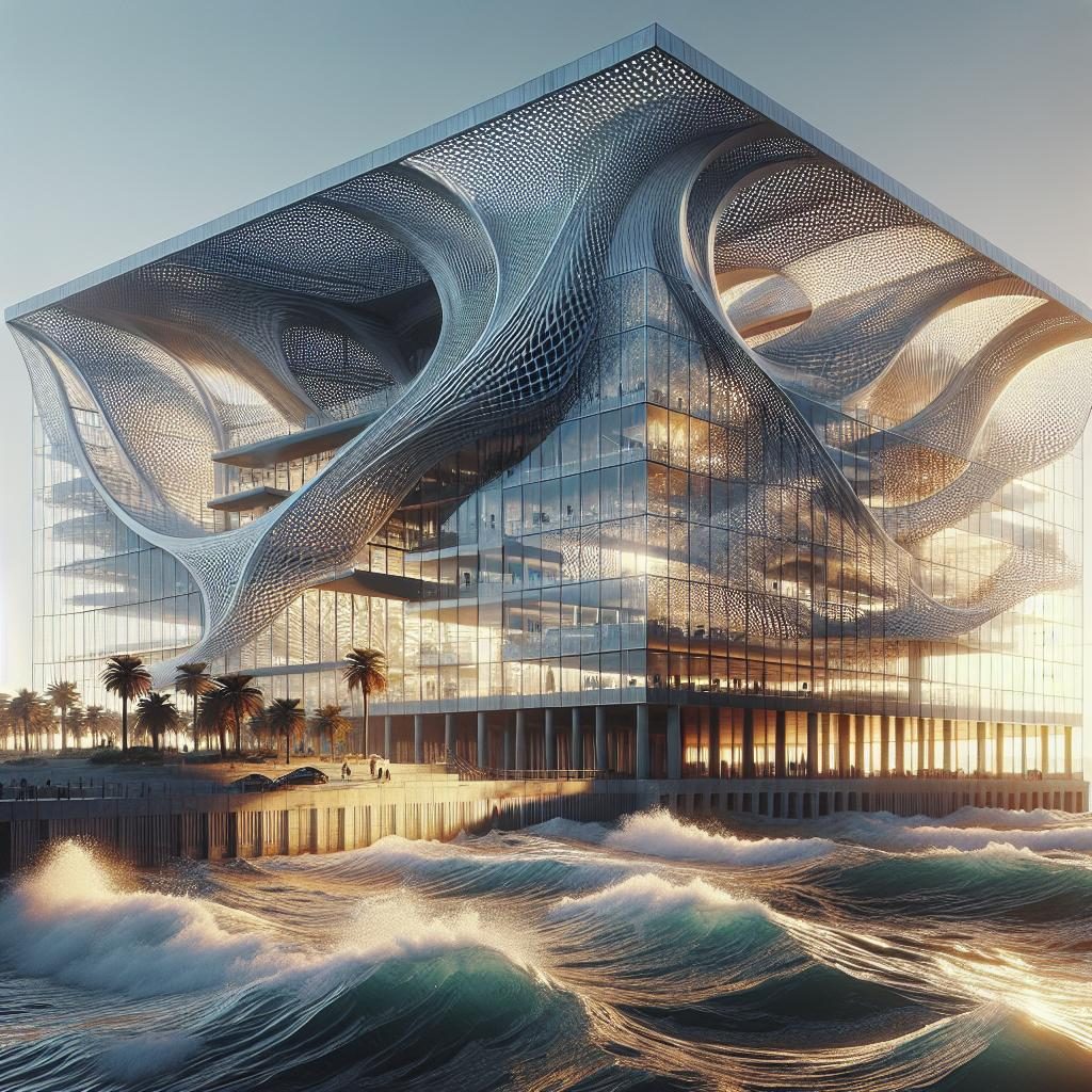 Modern architecture near coastline.