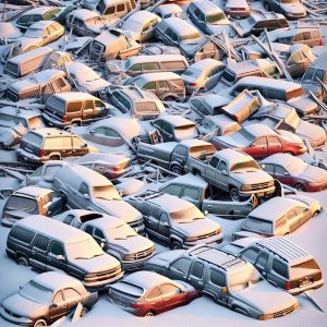 Snow-covered car pileup.