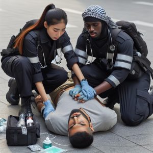 Paramedics helping injured man