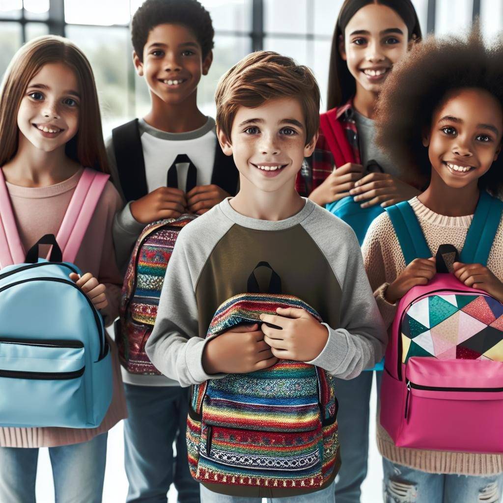 "Children receiving backpacks joyfully"