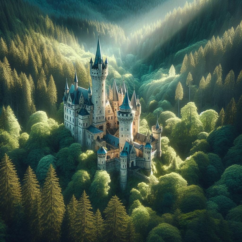 Castle in forest setting.