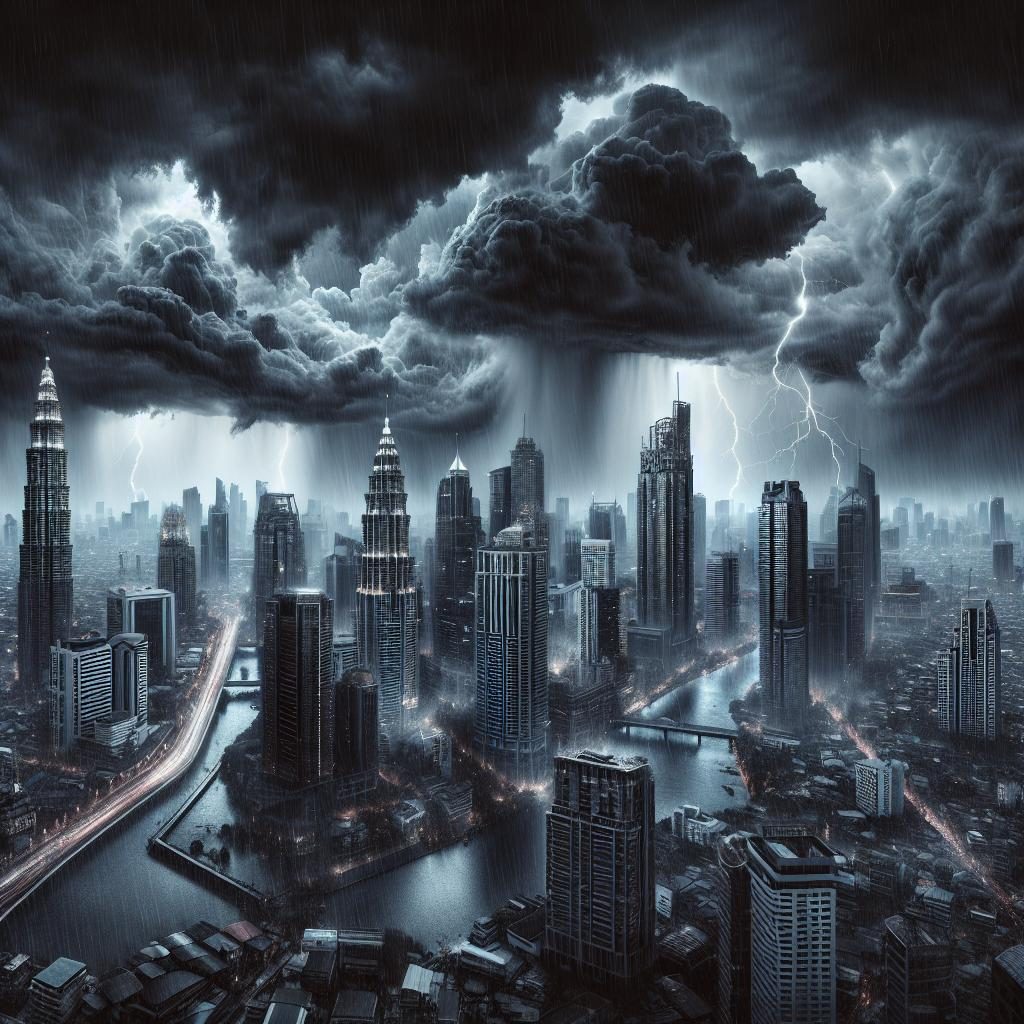 City skyline in storm.