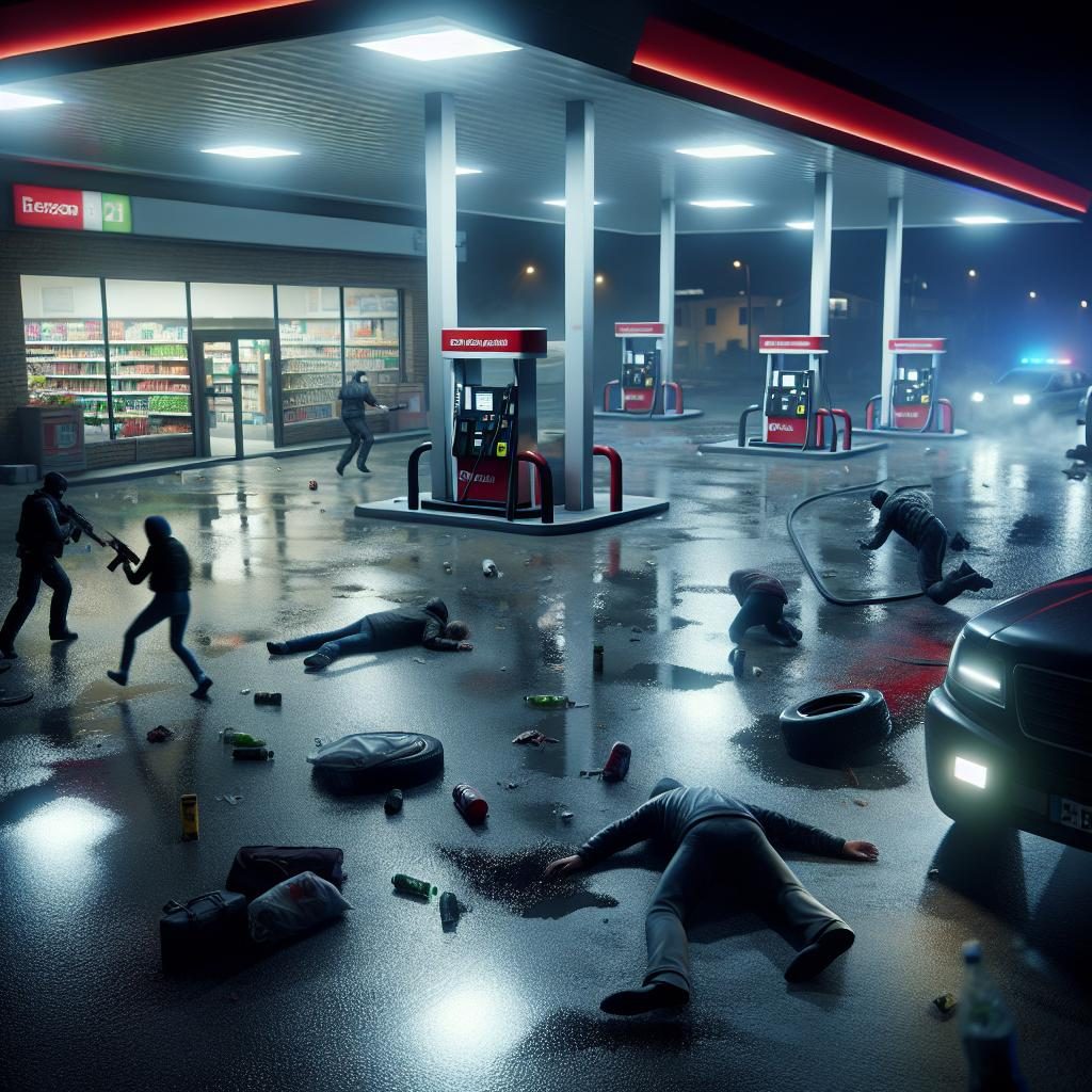 Gas station robbery chaos.