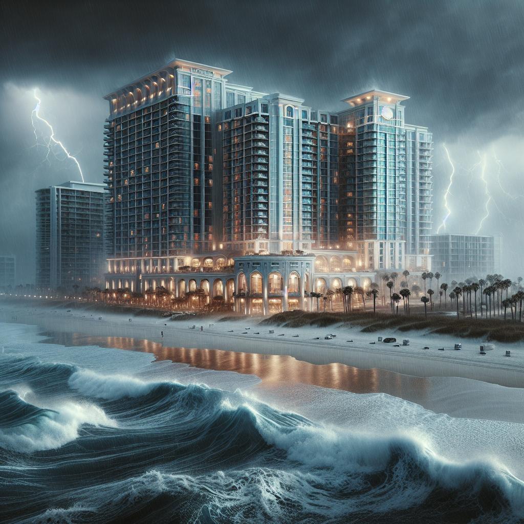 Beachfront hotel during storm