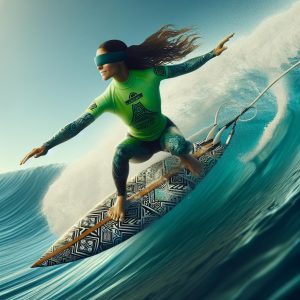 Blind surfer on custom board