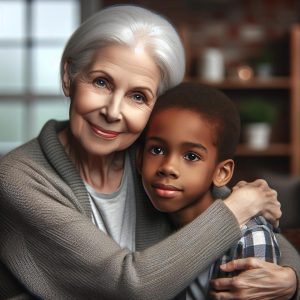 Grandmother comforting her grandson.