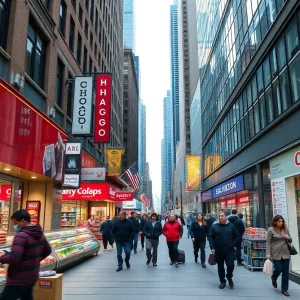 Chicago skyline with modern retail stores representing changes in consumer-packaged goods industry.