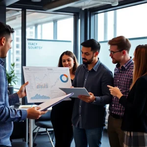 A marketing team in San Francisco working together in a modern office.