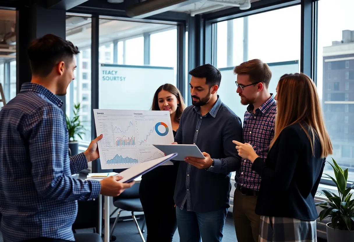 A marketing team in San Francisco working together in a modern office.