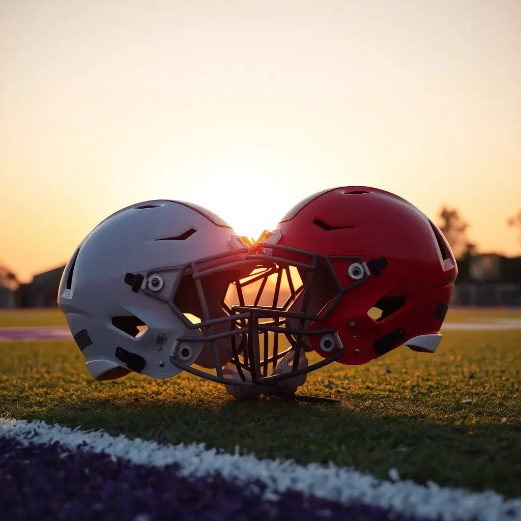 Two helmets clashing on a football field at sunset.