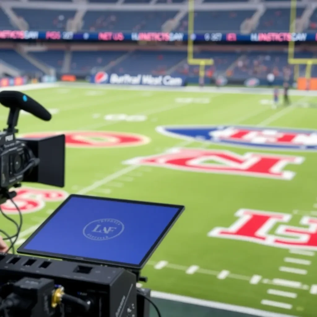 Athletic field with blurred team logos and media equipment.