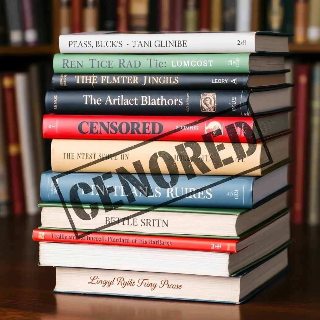 Stack of banned books with "censored" stamped on them.