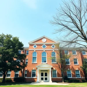 Bright school building with clear skies above.