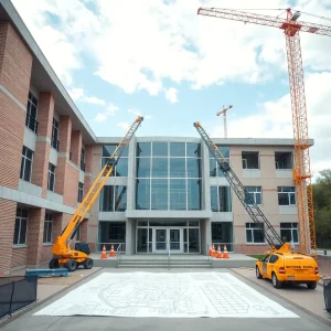 Modern school building under construction with blueprints and cranes.