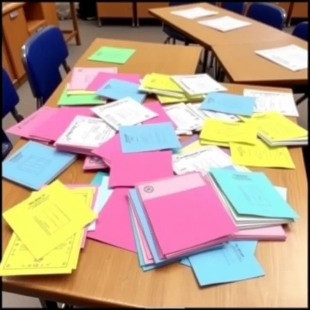 Colorful report cards scattered on a classroom desk.