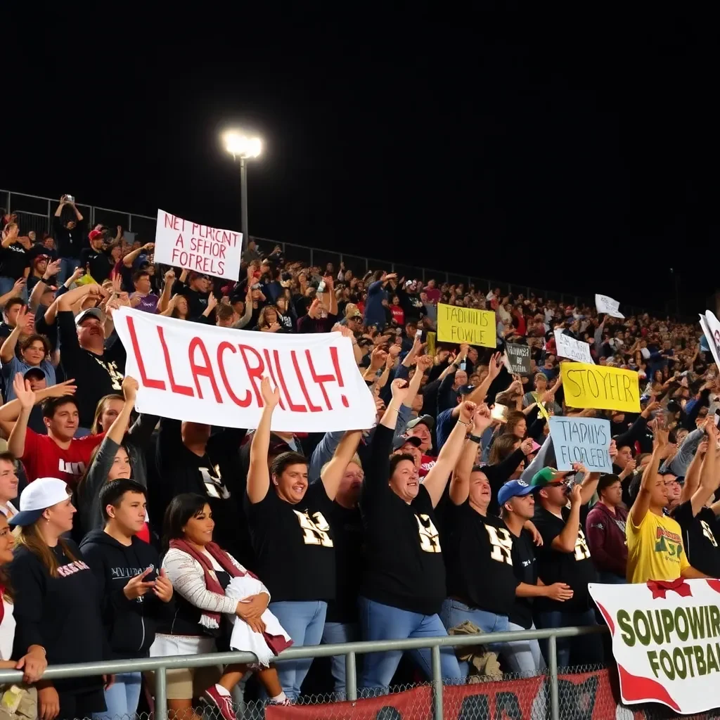 Cheering crowd with banners at high school football game.