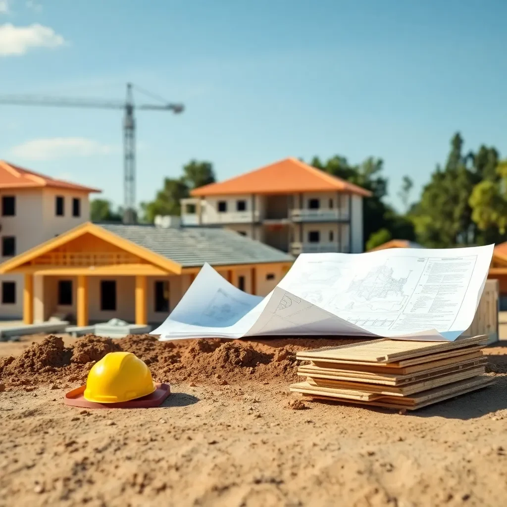 Construction site with builders and blueprints for school.