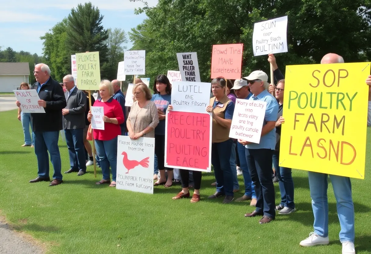 Community gathering with signs against poultry farm expansion.