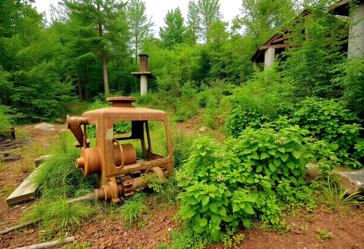 Abandoned construction site with overgrown vegetation and rusted machinery.