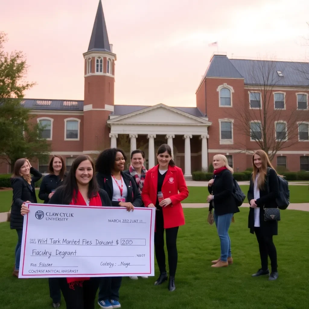 A university with oversized donation check in foreground.