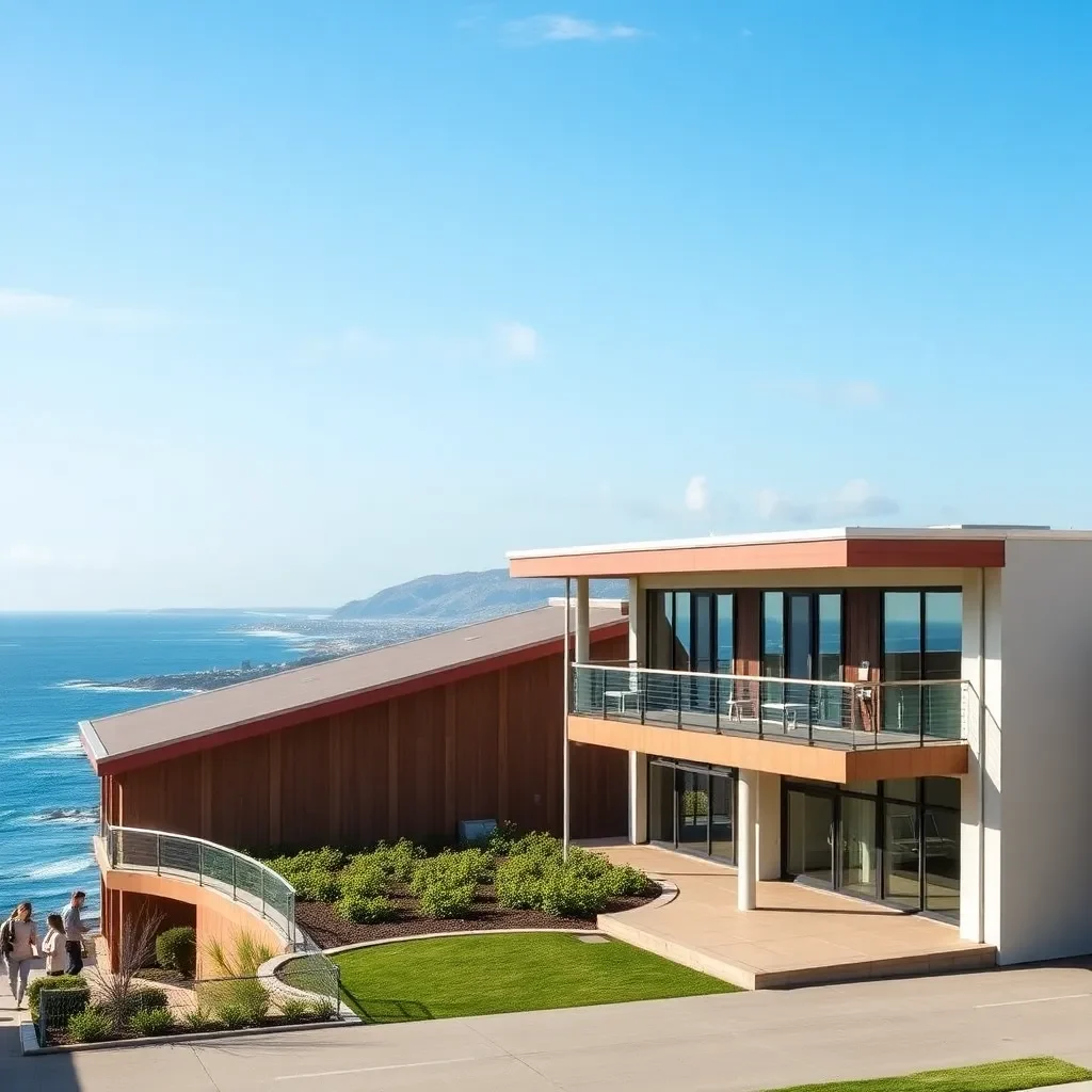 Modern school building with vibrant coastal scenery in background.