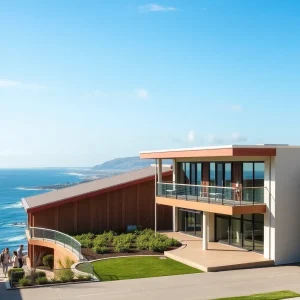 Modern school building with vibrant coastal scenery in background.