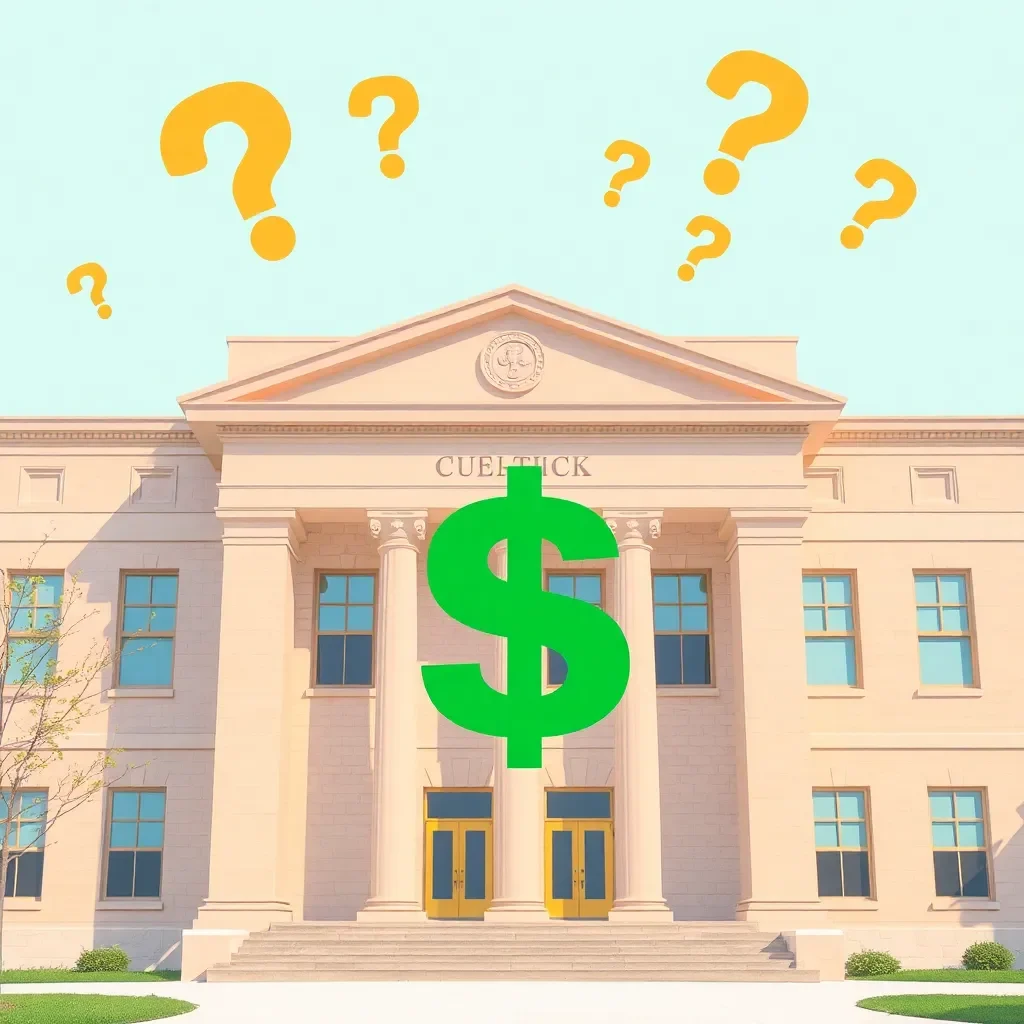 Academic building with question marks and dollar signs overlay.