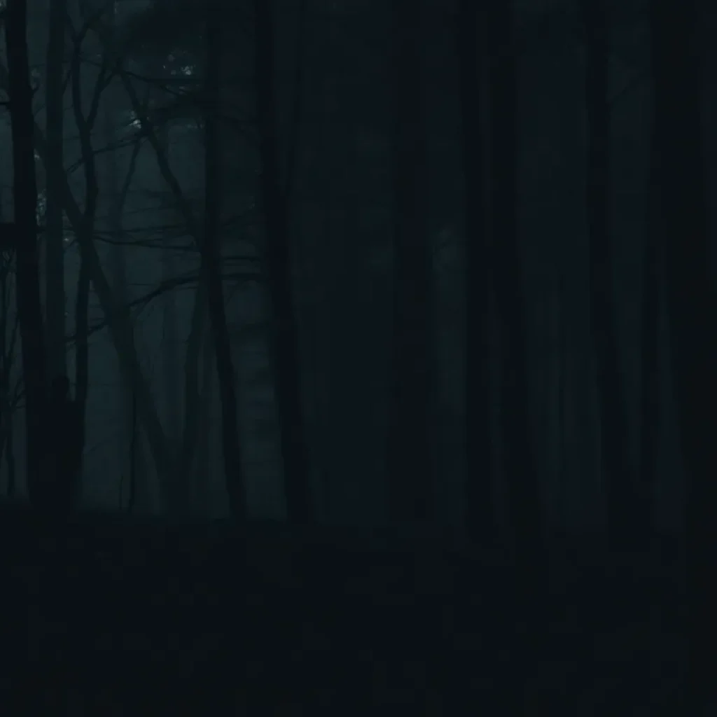 Mysterious shadowy figure in a dense forest.