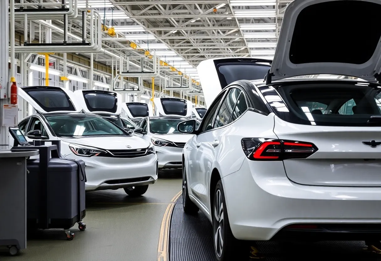 Electric vehicles being assembled at a modern factory.