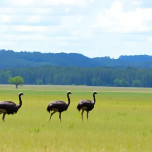 Emus wandering in a picturesque South Carolina landscape.