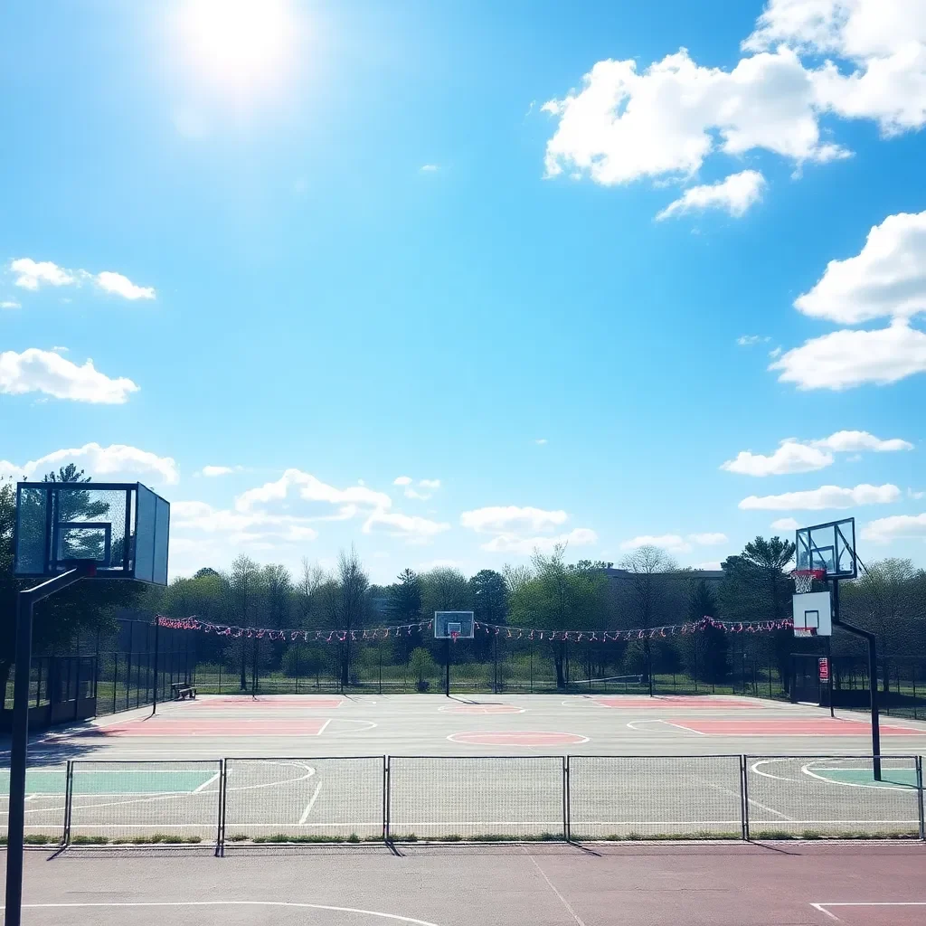 Basketball courts with festive decorations under sunny skies.