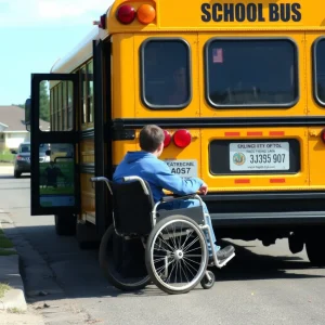 Wheelchair obstructing school bus in a suburban setting.