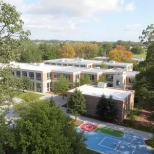 Modern school buildings surrounded by trees and playgrounds.