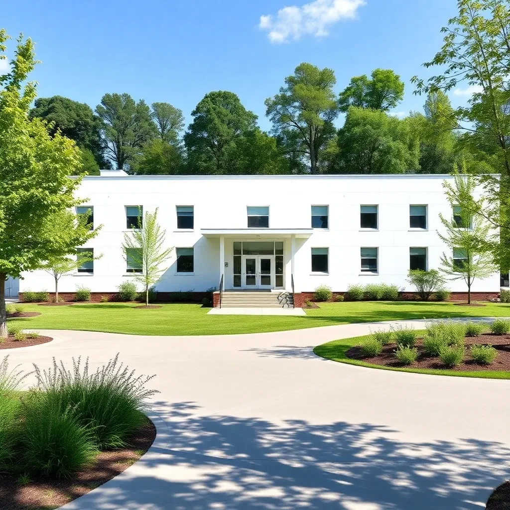 Bright, modern school building surrounded by green landscapes.