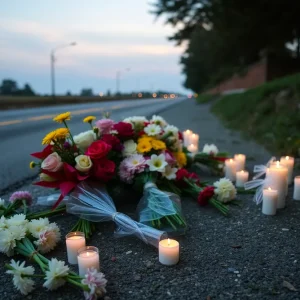 Silent road with fresh flowers and candles memorializing loss.