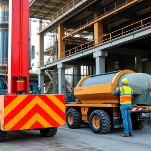 Workers operating concrete equipment at a construction site