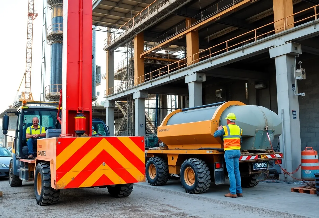 Workers operating concrete equipment at a construction site